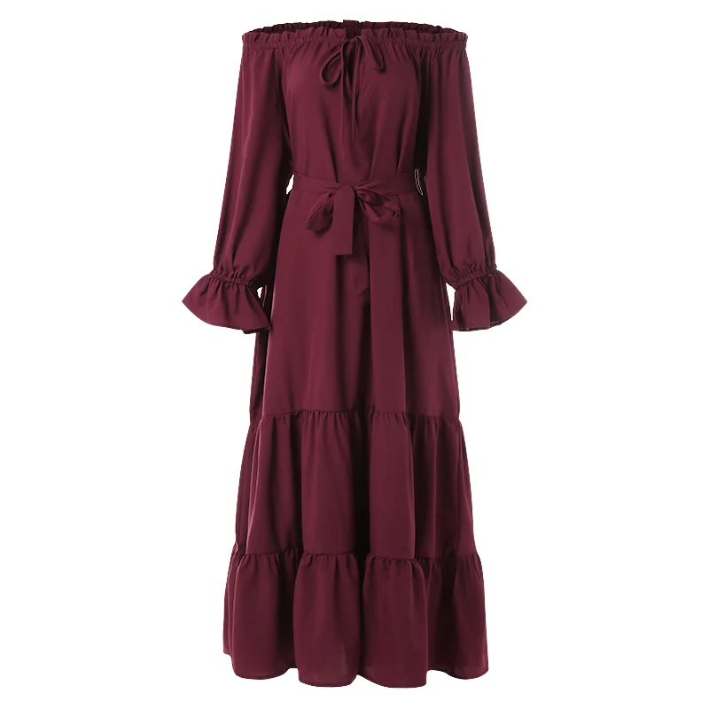 Wine Red Лето, женское богемное платье, сексуальное, с открытыми плечами, с оборками, для вечеринки, платья размера плюс, Повседневная рубашка, длинное, макси, vestidos robe - Цвет: Wine Red