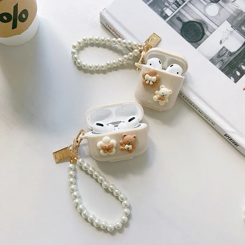 Фото Чехол для наушников Apple AirPods Pro 3, милый Простой ТПУ чехол с украшением в виде вишневого медведя, жемчужный браслет для ключей 1, 2 №5