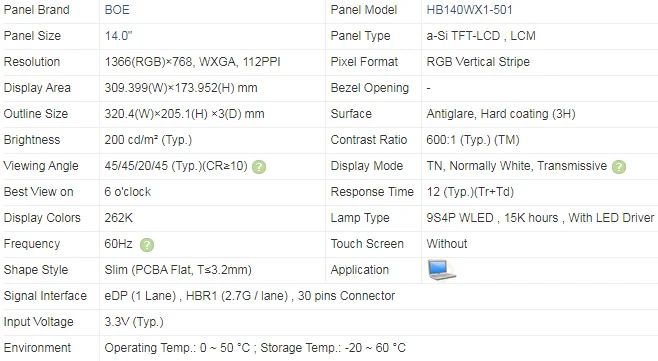 HB140WX1-501 V4.0  HB140WX1-601 HB140WX1-301 LTN140AT31 HB140WX1-401 N140BGE-EA2 N140BGE-E33 B140XTN03.3