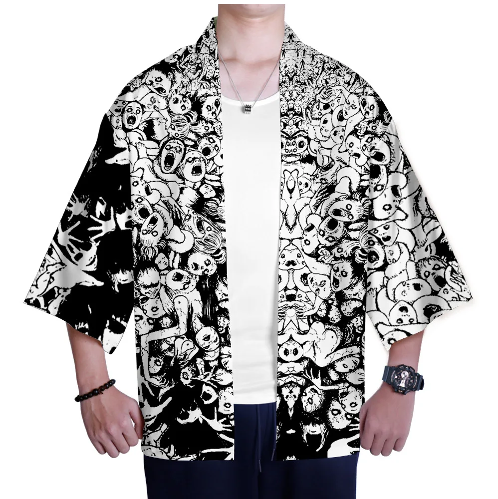 

2021 New Hip hop Junji Ito 3D Print japanese kimono cardigan men women haori yukata Short Sleeve men kimono beach cardigan Shirt