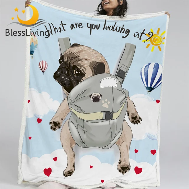 BlessLiving Pug Blankets For Beds Lovely Bulldog Sherpa Fleece Blanket Cartoon Fluffy Blanket Cute Paws Kids Bedding Dropship 1