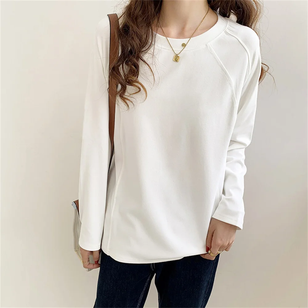 

대한민국 Warm Autumn Women T-Shirts All Match Loose Fashion Bottoming Slim 2021 New Casual Chic O-Neck Femme Cotton Tops