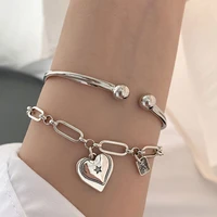 double layer bracelet for women korean fashion bangle round vintage heart engraved jewelry accessories bargains pulseras mujer