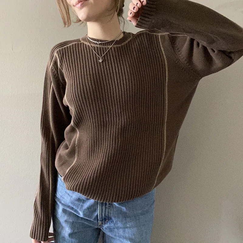 

Grunge Fashion Sweater Women Brown Knitted Crewneck Long Sleeve Pullover Vintage Sweater Harajuku Korean Fall Female Clothes