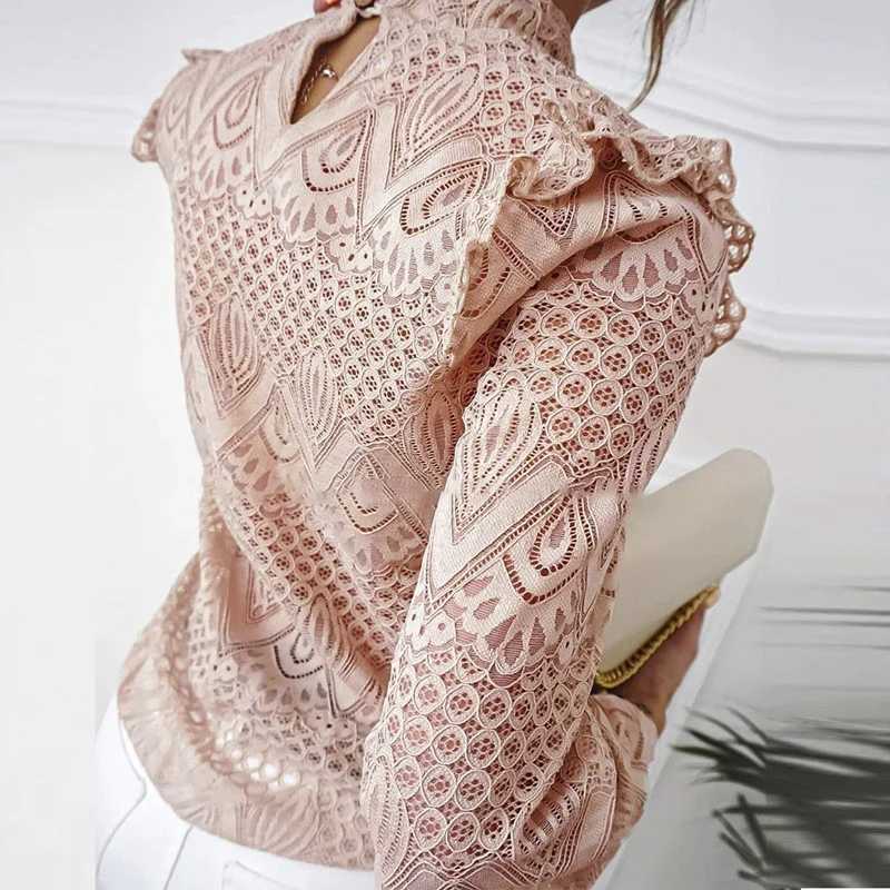 Женская Кружевная футболка с оборками элегантная повседневная ажурная рубашка