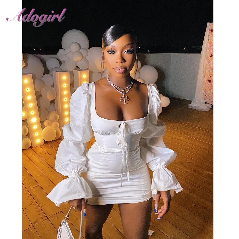 

Women Mini Dress 2021 Casual Solid Full Puff Sleeve Square Collar Bandage Stretchy Bodycon Mini Dress Sexy Party Club Vestidos