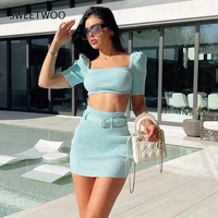 2021 summer new commuter two piece female solid color waist and navel open back threaded casual short skirt suit with belt