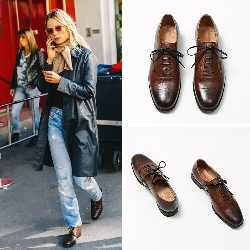 Женские туфли оксфорды MORDOAN Натуральная Воловья кожа дерби круглый носок плоская