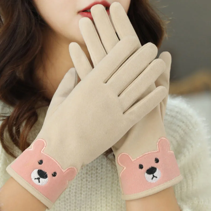 Осенне зимние новые замшевые перчатки женские бархатные плотные теплые милые