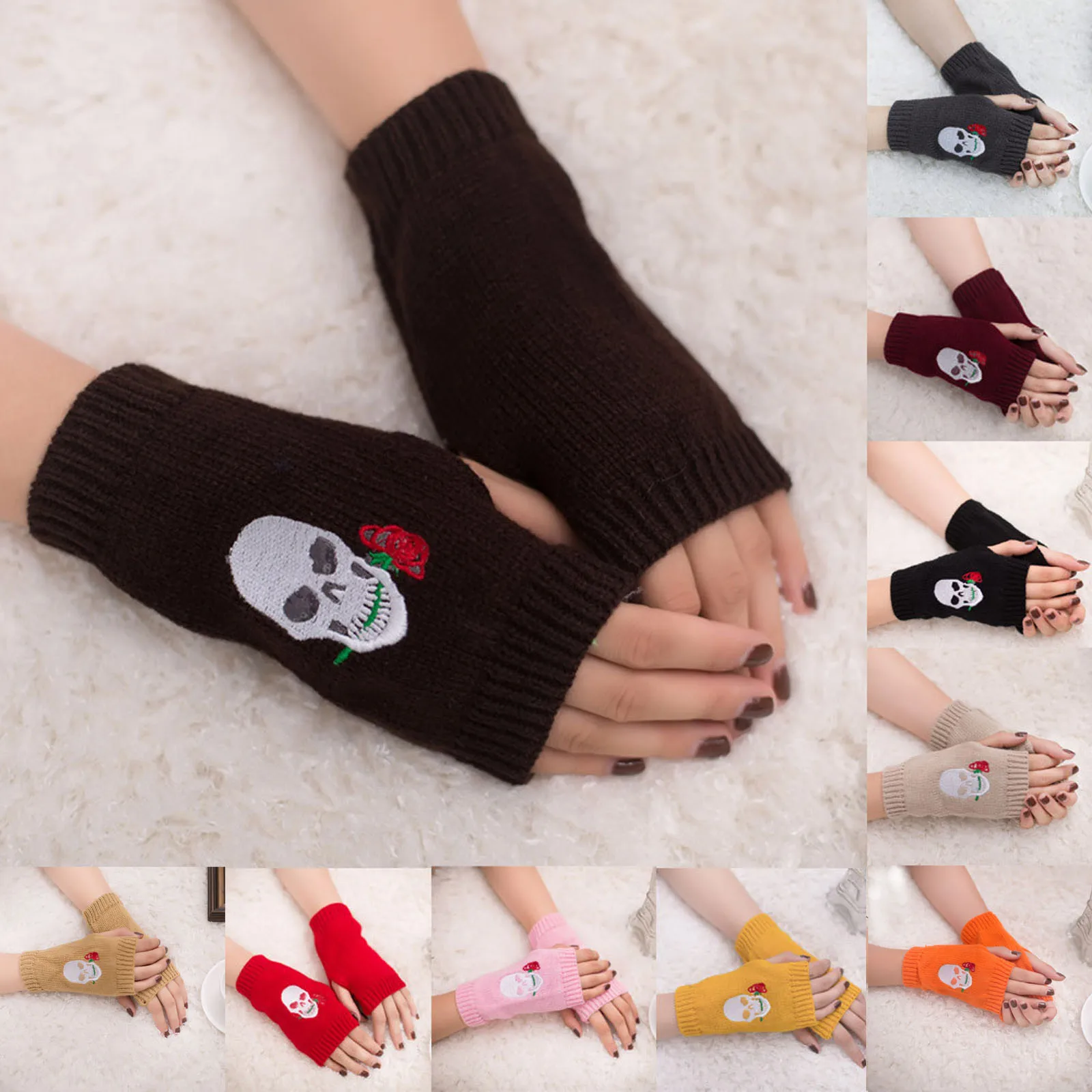 

Women Girl Knitted Wool Arm Fingerless Keep Warm Winter Gloves Soft Warm Mitten Mitones Mujer Skull Gloves Guanti