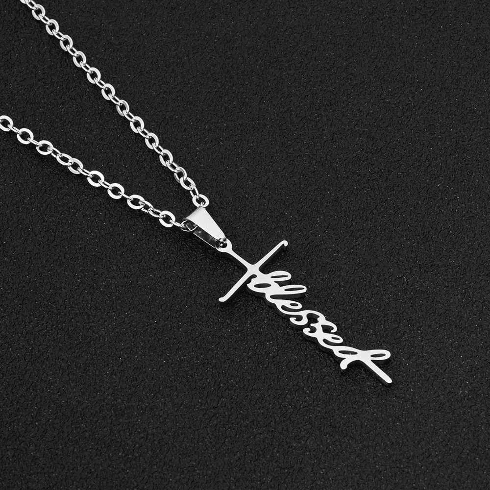 Цепочка Из Нержавеющей Стали ожерелье серебряного цвета кулон BLESSED Cross для женщин
