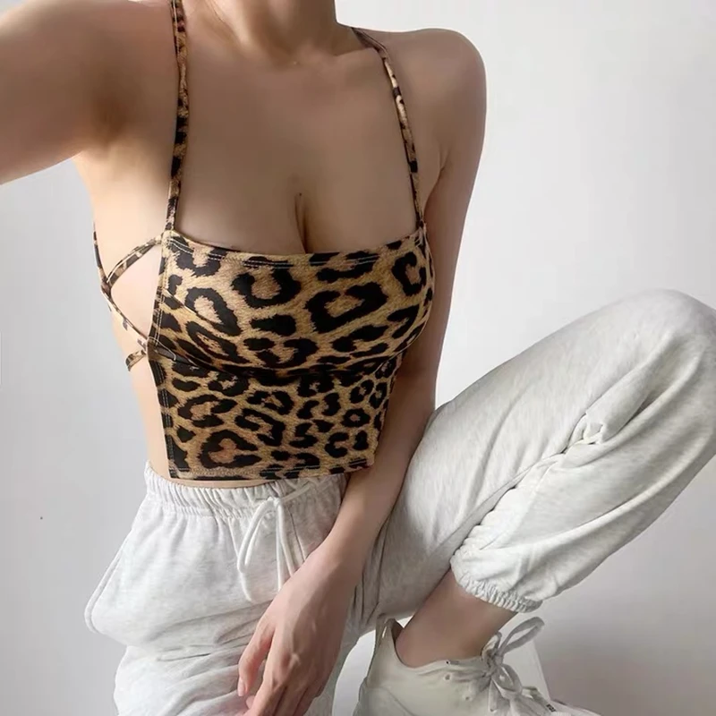 

club outfits for women y2k goth cropped tank top tube bandeau backless sexy top lace up cheetah print top off the shoulder top