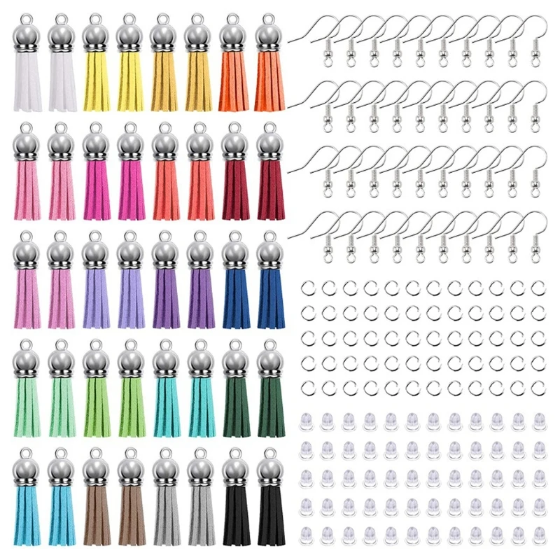 

200 Pcs Keychain Tassel Earrings Making Set Contains Colorful Leather Tassels Earring Hooks and Jump Rings for Jewelry Making