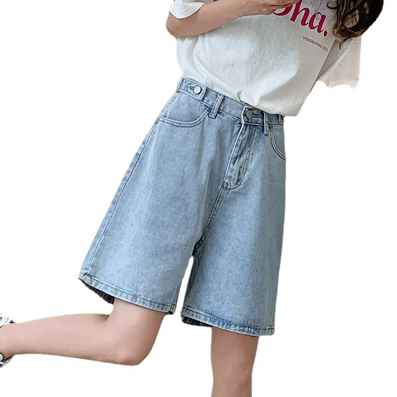

WANYUCL high waist denim shorts women summer thin section loose and thin straight wide leg A-line casual five-point pants women