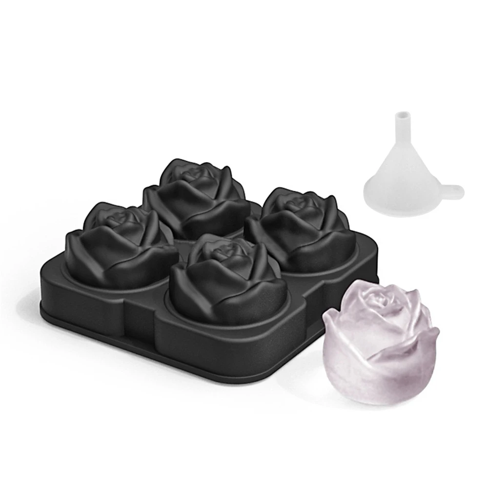 

New Summer Rose Shape Ice Tray With Funnel Large Size 4 Cell Ice Mold Trays Whiskey Ice Ball Maker For Party Bar Dropshipping