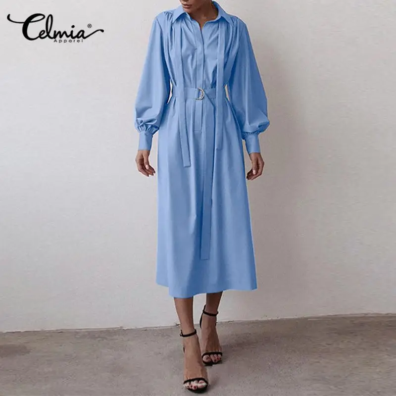 

Элегантное офисное платье миди Celmia с лацканами и завязками, модное женское платье-рубашка с рукавами-фонариками, повседневное свободное пл...