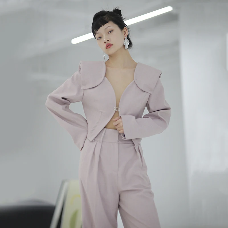 DEAT Women Leg High Waist Trousers Loose Fit Pink Color Pants 2021 Fashion Spring New Straight High Quality Cloth 2021 1S717