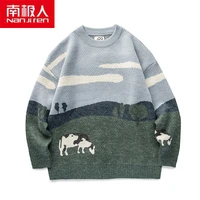 nanjiren men clothing men breathable pullovers warm daily casual o neck animal print long sleeves cotton thin men sweater
