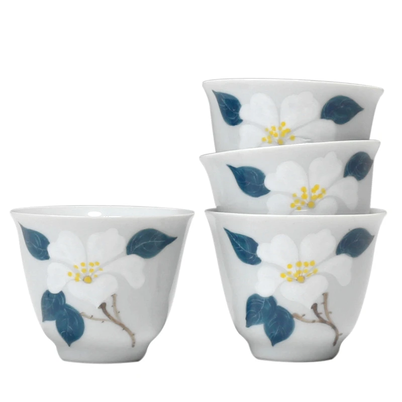 

4Pcs/Lot Camellia Porcelain Teacup Hand-Painted Ceramic Tea Set Chinese Kung Fu Tea Cups
