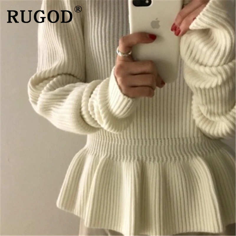 RUGOD Korean chic white sweater women elegant Ruffles puff sleeve slim knitted pullovers Fashion office ladies Winter knitwear | Женская