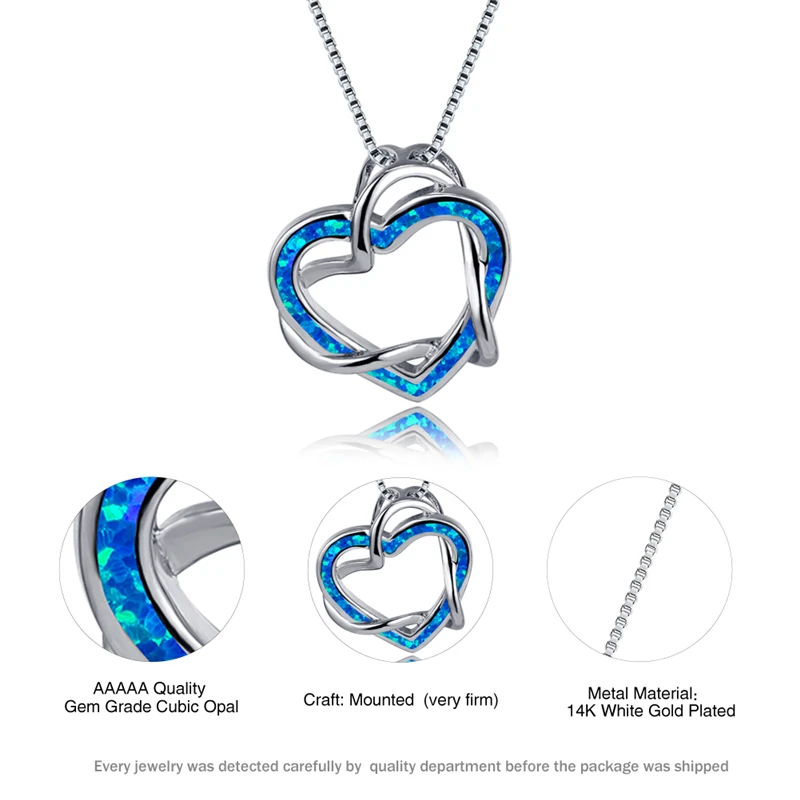 

Cute Female Love Heart Chain Necklace Classic Silver Color Pendant Necklaces For Women Vintage Blue Opal Stone Wedding Necklace