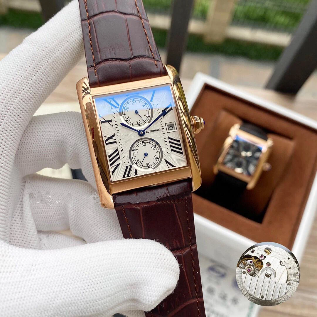 

2021 High Quality Luxury Designer Brand Men Square Tank Automatic Mechanical Watches Classic leather Men wristwatches