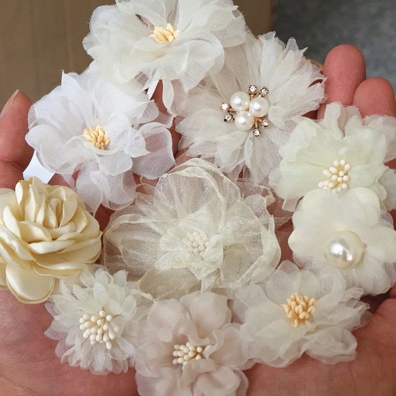 10PCS/Lot Beige Series Mix Styles Set Chiffon Fabric Flowers For Wedding Invitation Artificial Dress Hat Decoration - купить по
