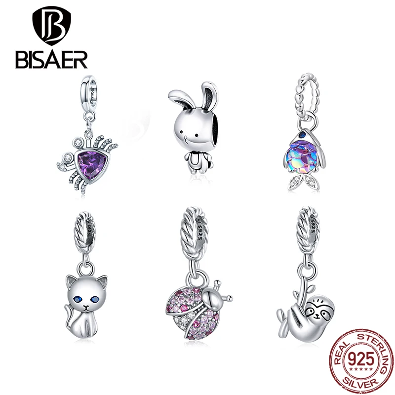 

BISAER Charms 925 Sterling Silver Cute Cat Rabbit Animal Origional Beads Pendant Fit DIY Pan Bracelet For Women Fine Jewelry