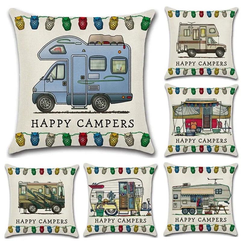

Happy Campers автомобильный мягкий чехол для подушки из хлопка и льна наволочки для подушек с принтом 45*45 см наволочка для диванной подушки домашн...