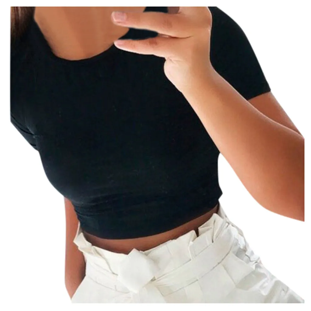Женский короткий топ с коротким рукавом и О-вырезом для занятий спортом