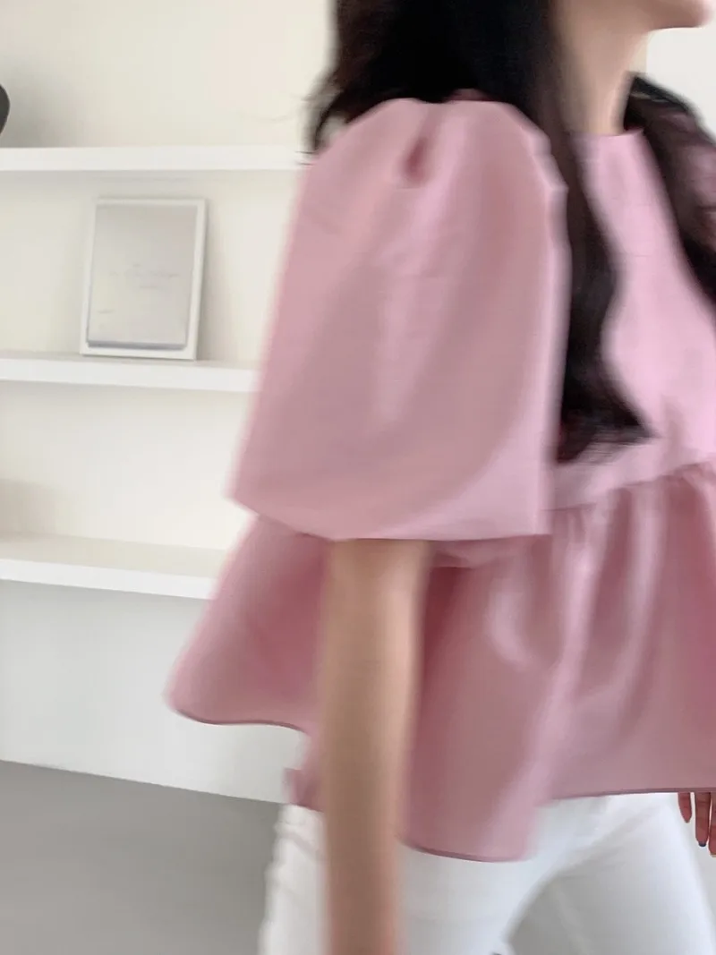 

Elegant Ruffles Patchwork Solid Blouse Women Work Style Ol Solid Blusas O Neck Short Sleeve Pullover Robe Summer 2021 New