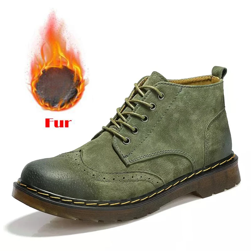 green fur Мужские ботинки из натуральной кожи; сезон осень-зима; ботильоны; модная обувь; обувь на шнуровке; Мужская обувь высокого качества в винтажном стиле - Цвет: green fur