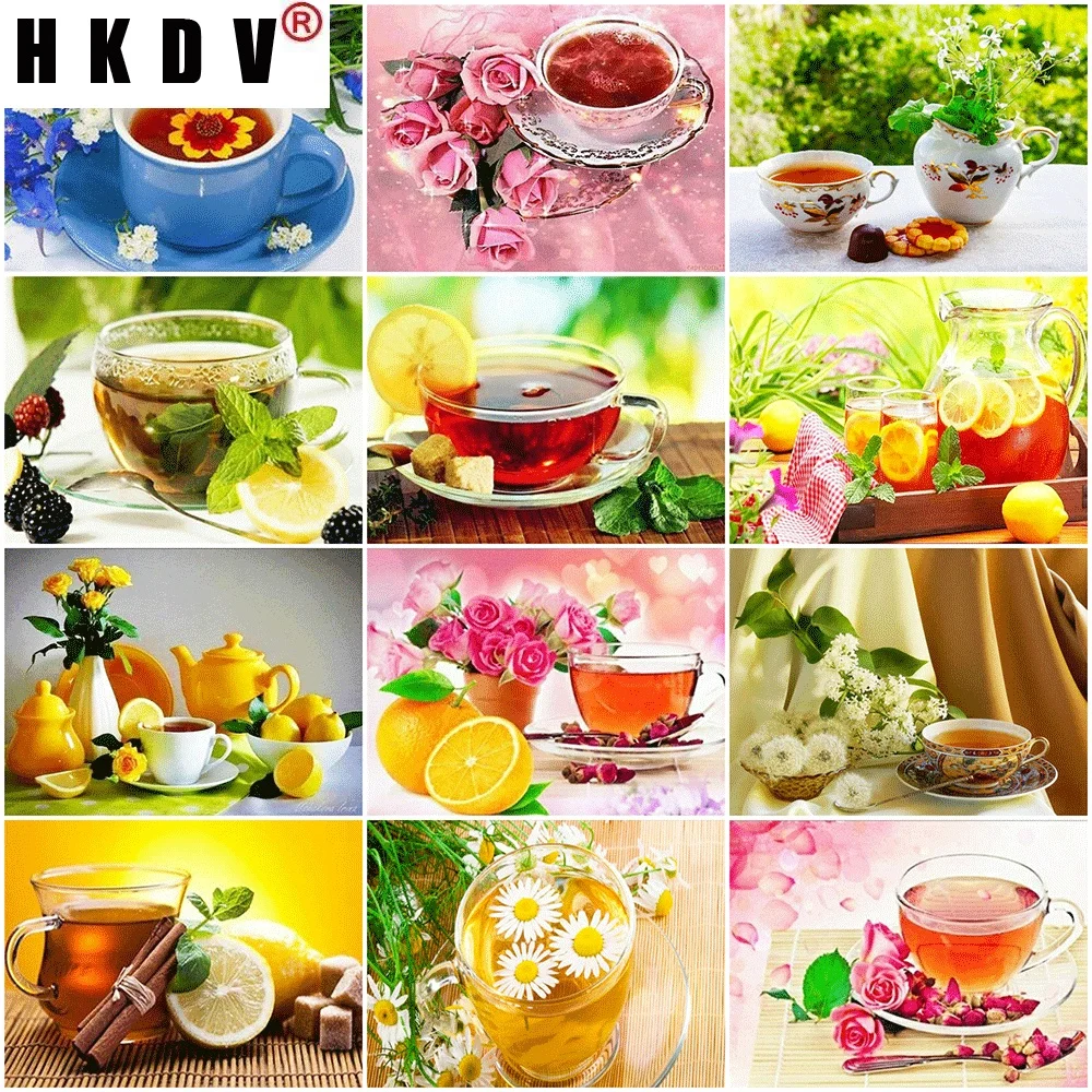 

HKDV 5D DIY Diamond Painting Scenery Diamond Embroidery Flower Tea Full Square Round Rhinestone Pictures Home Decoration