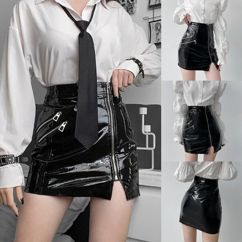 

Leather Skirts For Women Knee Length Midi Skirts High Waisted Zipper Wrap Skirts Black