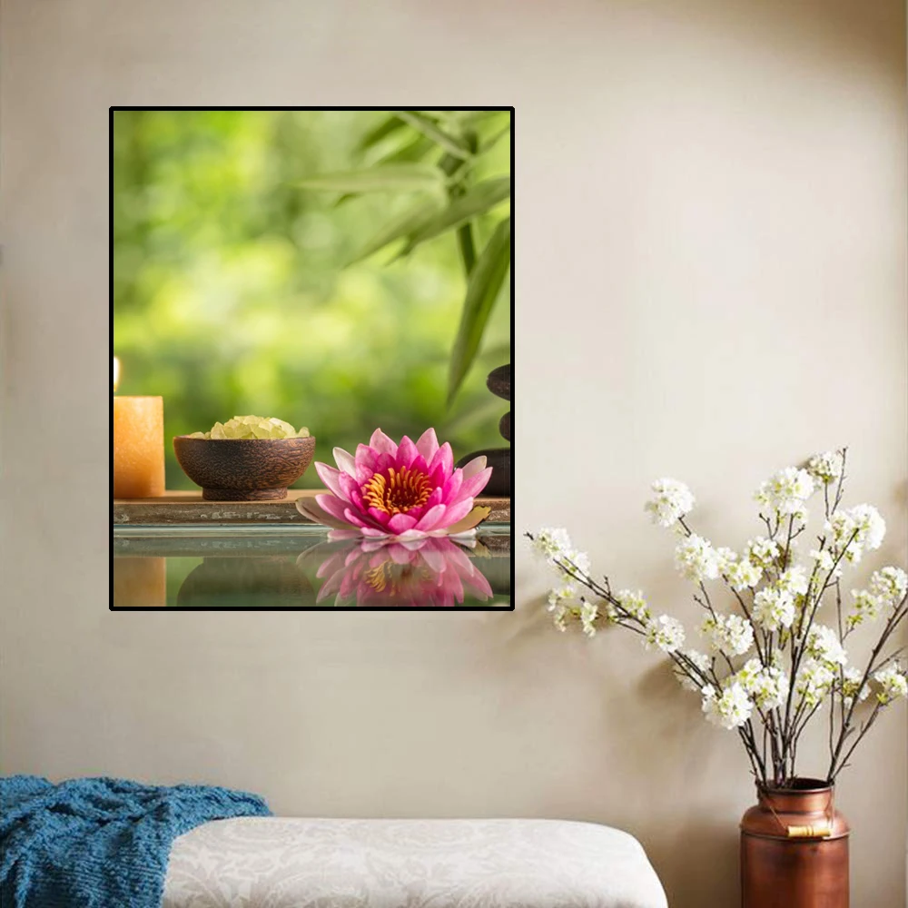 

Laeacco Modern Lotus Bamboo Landscape Canvas Painting Room Decoration Wall Art Picture For Living Room Kitchen Home Decor