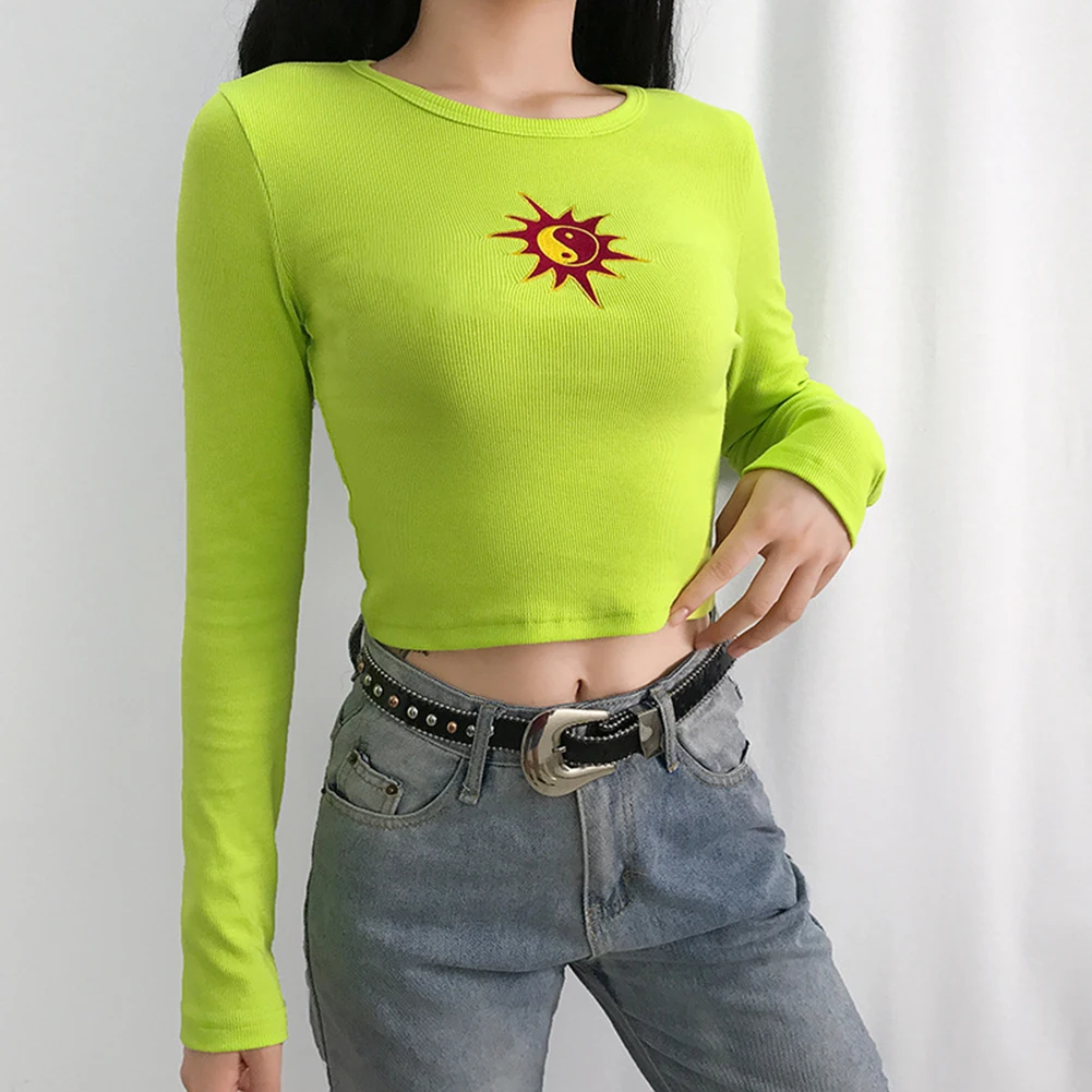 Женская модная неоновая зеленая футболка с вышивкой от солнца топы для девочек