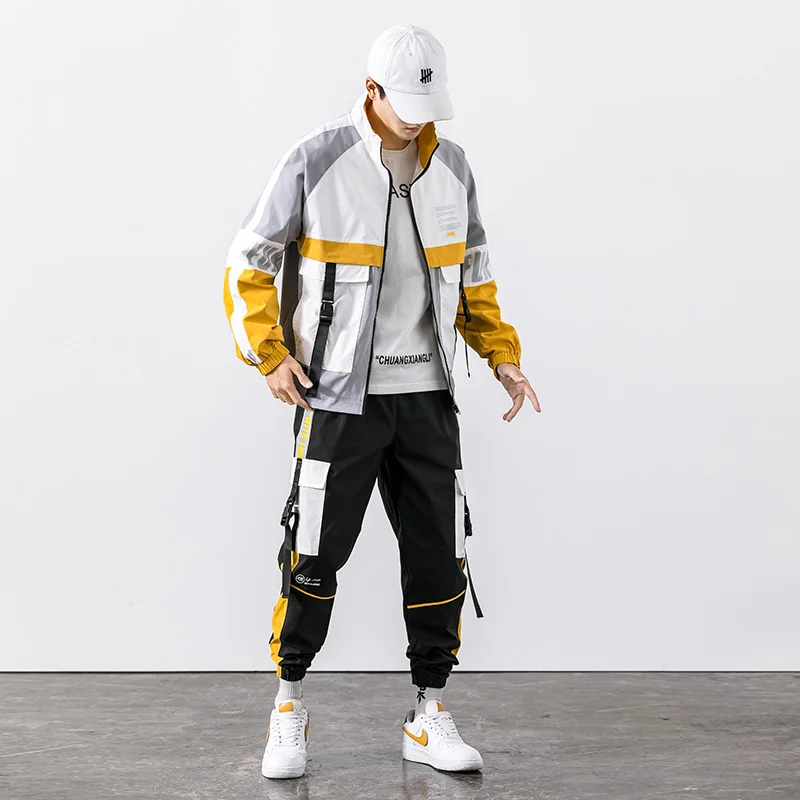 

2021 Hip Hop Workwear jacket Mens Tracksuit Jacket+Pants 2PC Sets baseball loose Zipper Ribbons Coat & Long Pants Mens Clothing