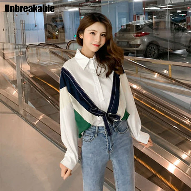 

Женская блузка с отложным воротником, белая Свободная рубашка большого размера в полоску с длинным рукавом и разрезом, весна-осень 2020