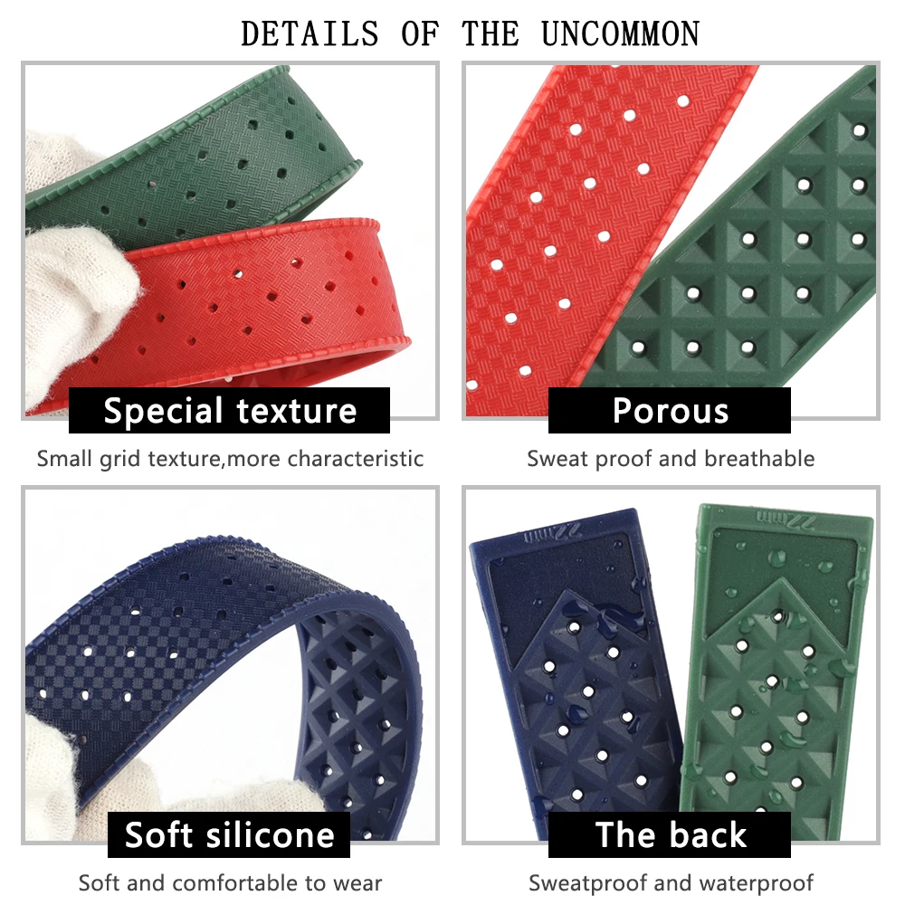 Tropical Fluorine Rubber Watch Band 20mm 22mm Waterproof Porous Breathable Diving Sport Men Women Watch Strap Replacement