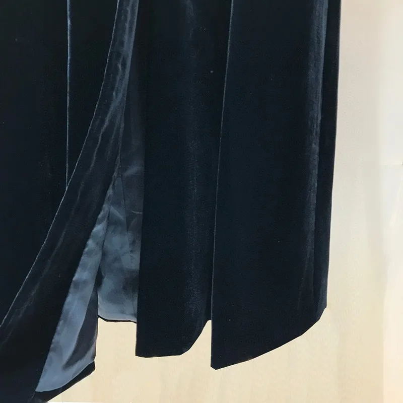 

2020 Autumn Top Quality Woman Designer Fashon Contrast White Collar Sequined Breastplate Long Sleeve Black Silk Velvet Dresses