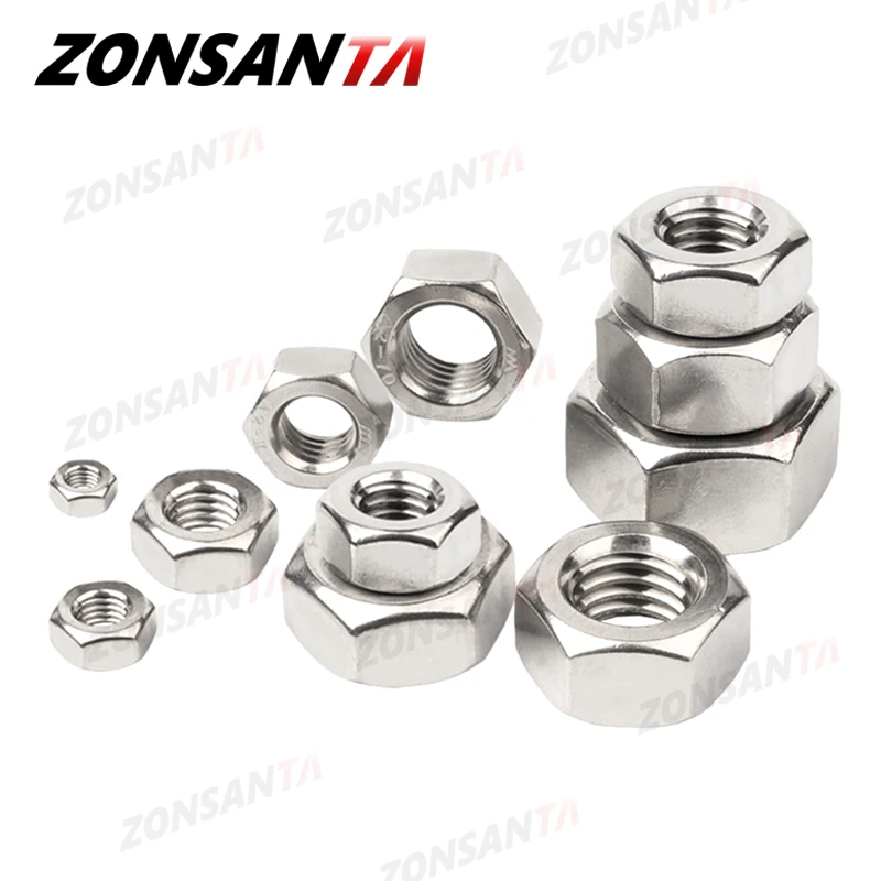 ZONSANTA Metric 304 Stainless Steel Hex Hexagon Nut DIN934 M1 M1.2 M1.4 M1.6 M2 M2.5 M3 M4 M5 M6 M8 M10 M12 M16 M20 Screw Nuts