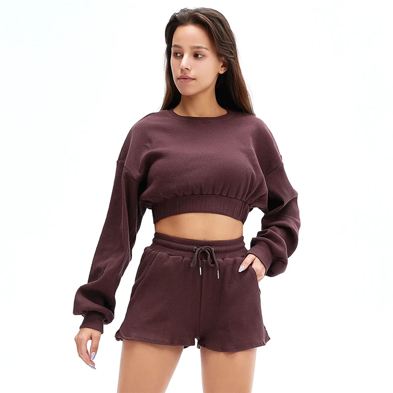 

Women Yoga Set 2 Piece Vital Seamless Sport Suit Gym Clothes Fitness Long Sleeve Crop Top Shirt High Waist Shorts Sportswear