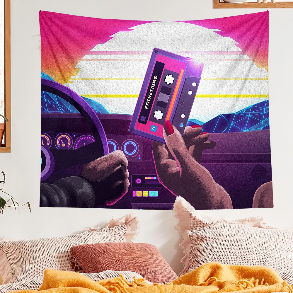 

Retro Car Living Room Boho Wall Art Decor Prints Colorful Rainbow Wall Tapestry Hanging Flowers Decor for Girls Dorm Decoration