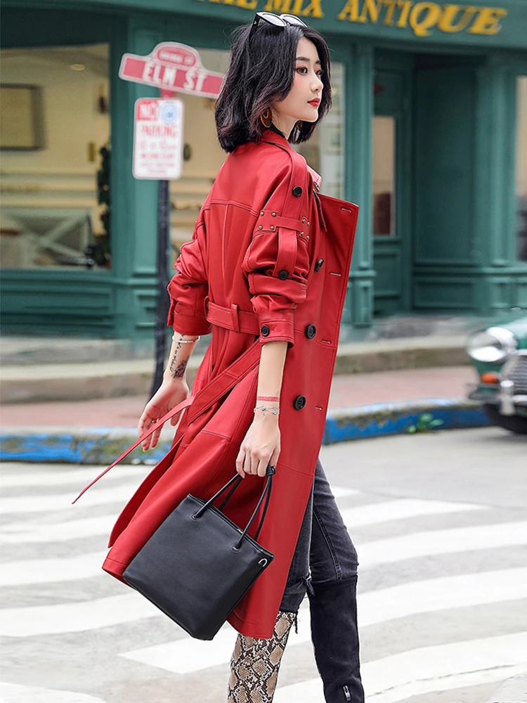 Lautaro Весна Осень Длинный Красный Синий Тренч из Искусственной Кожи для Женщин с