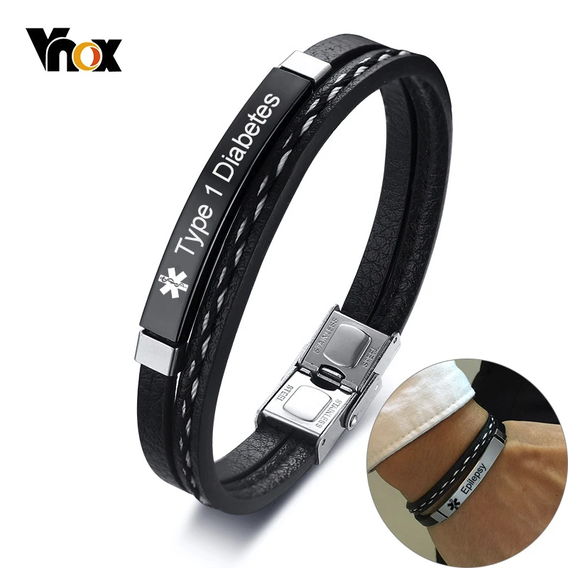 

Vnox Stylish Medical Alert ID Bracelets for Men Women Layered Leather Stainless Steel Bangle Free Personalize Casual Pulseira