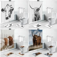 highland gray cows waterproof print shower curtain 4 piece toilet lid cover anti slip soft rugs bath mat bathroom set home decor