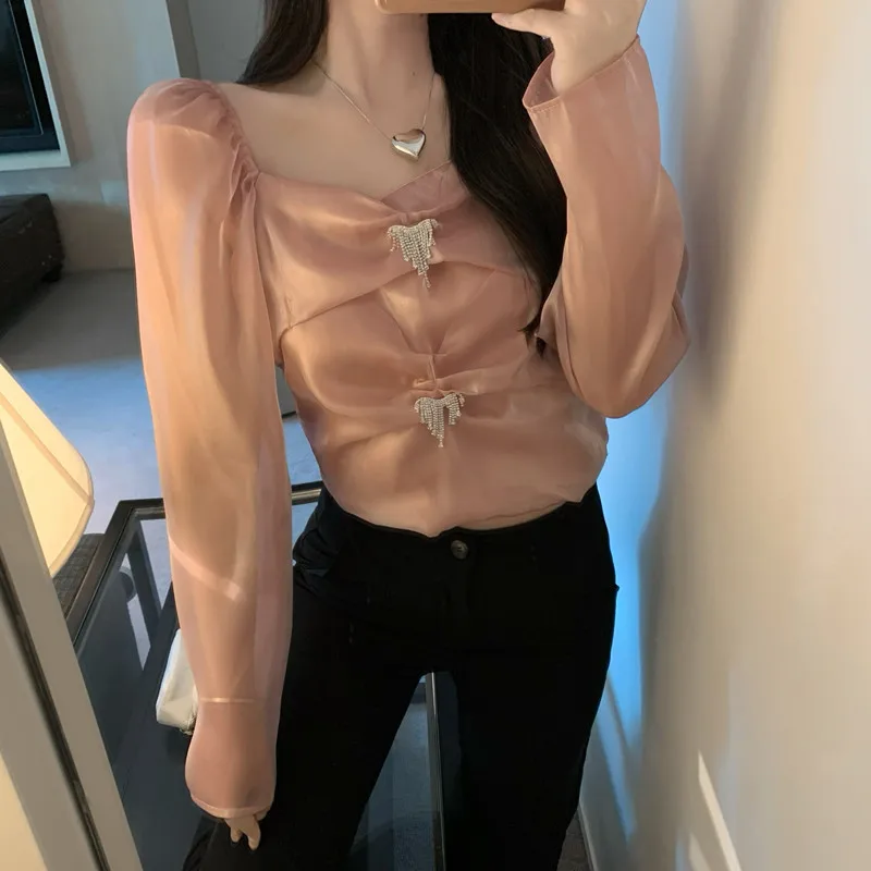 

HziriP Vintage Chiffon Square Collar Top Solid Sweet Women Shirt Gentle Loose Hot 2021 New Autumn Fashion Elegant All-match