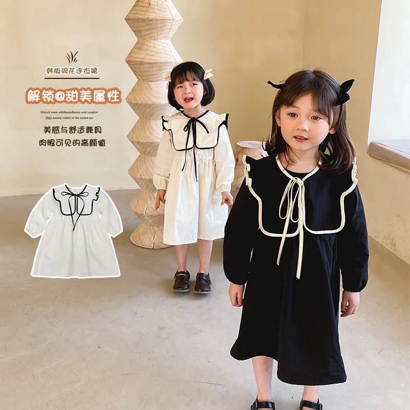 

Black White 100% Cotton Spring Summer Girls Dress Kids Teenagers Children Clothes Outwear Special Occasion Long Sleeve High Qual