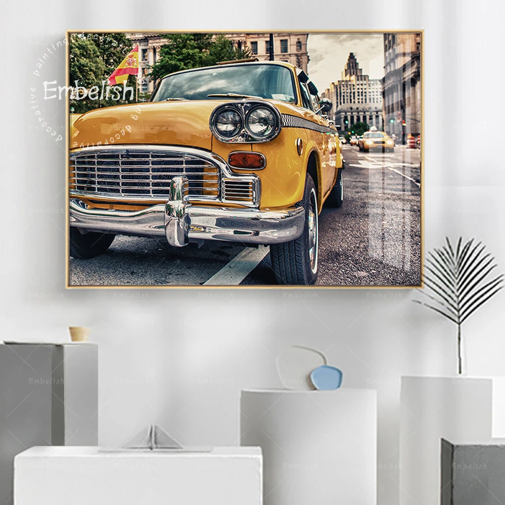 Украшение Классическая старая такси желтая кабина в Нью-Йорк винтажный пейзаж