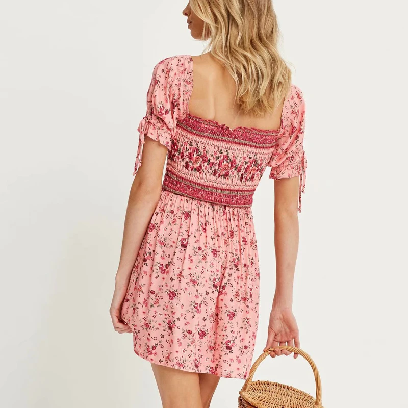 

Women's Bodycon A Line Dress 2021 Chic Elegant Slim Printed Dresses Lady Summer Boho Bow Tie Puff Short Sleeve Beach Sundress